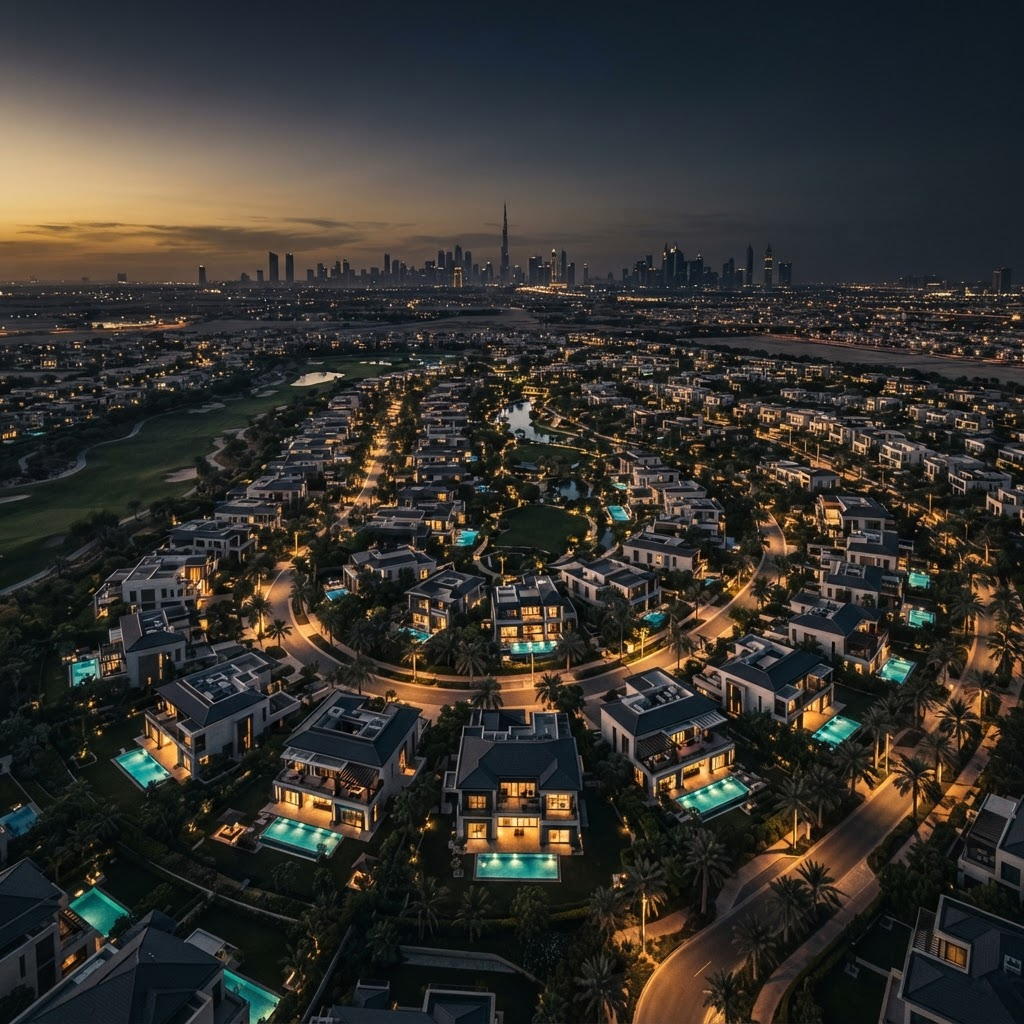 Aerial view of an ultra-luxury master-planned residential community in Dubai at golden hour